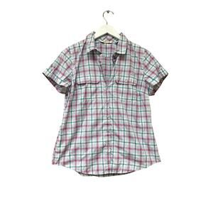 ORVIS Size Medium Women’s Checkered Button Down Tee Shirt Pink Blue Short Sleeve